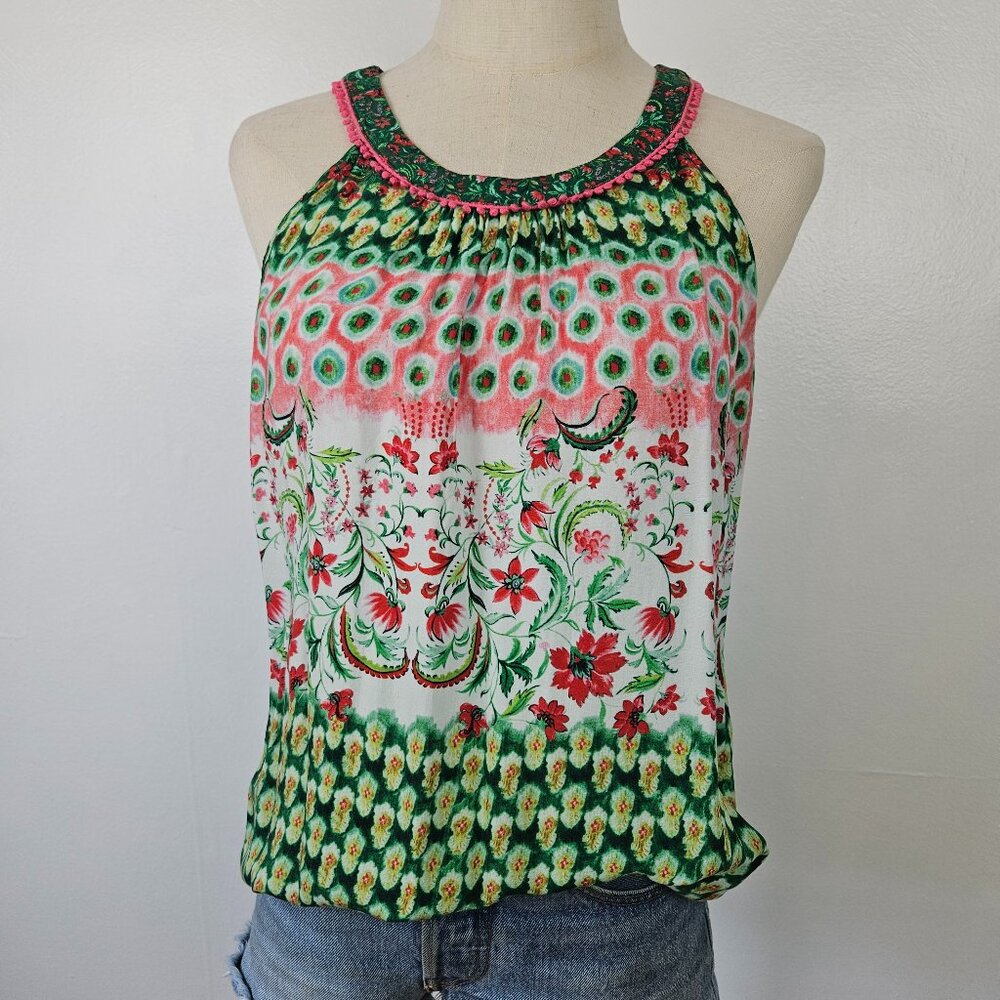 Sundance Floral Paisley High‎ Neck Tank Blouse Sz S Green Pink Rayon Top